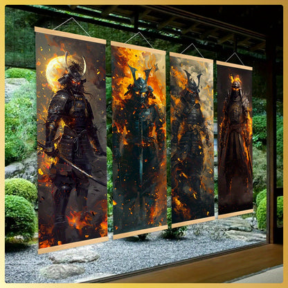 4pcs Unframed Dynamic Flaming Samurai Canvas Posters - Japanese Ukiyo-e Art Style, Odorless & HD, Ideal for Gaming Room/Living Room Decor, Perfect Gift for Japanese Culture Enthusiasts, Indoor Wall Art, Living Room Decor | Sa