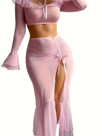 Sexy Pink Lingerie Set with V-Neck, High Slit, Pleated Design, Ruffled Lace Straps - Enchanting Net-Sheer Fantasy Nightgown for Women, All-Season Wear, Allseason Lingerie|Ruffled Lace Straps|Pleated Design, Lingerie Sets