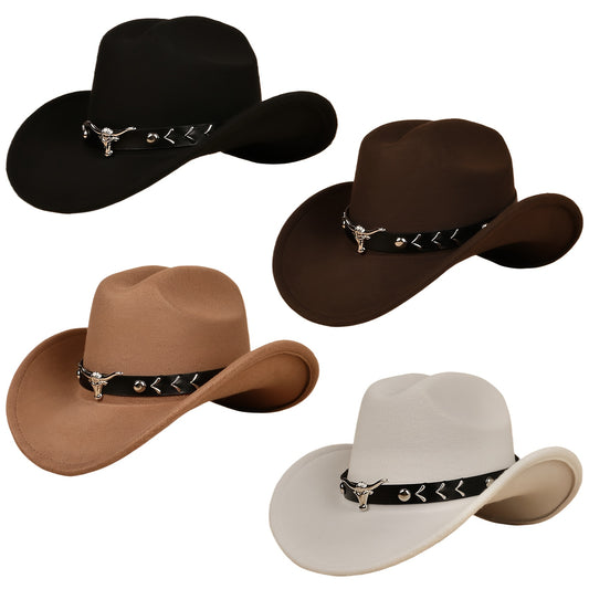 4pcs Vintage Western Cowboy Hats for Men and Women, Classic Minimalist Wide-Brimmed with Bull Head Rivet Embellishments - Perfect for Parties, Masquerade Balls, Horseback Riding Gifts (Black Hard Top Reinforced)