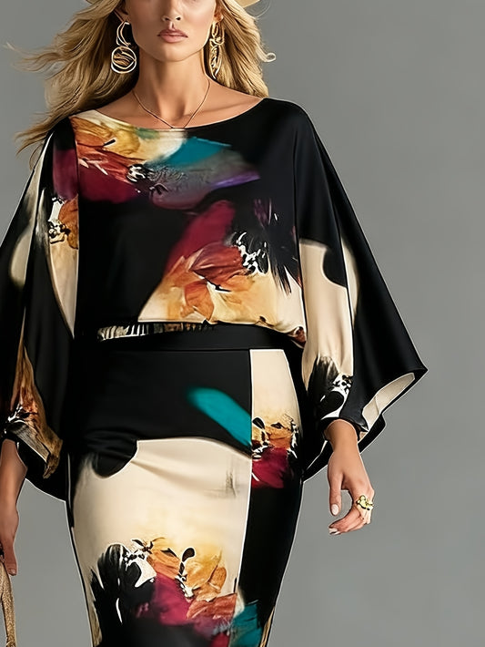 [Women's Casual Set] A New Set Of Women's Spring And Autumn Crewneck Lantern-sleeve Long-sleeve Top + High-waist Skirt Set, Casual Set, Geometric Graffiti Printed Set