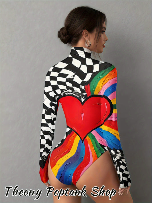 Women'S Checkered Rainbow Heart Print Long Sleeve High Neck Bodysuit - Slim-Fit Jumpsuit with & Checkered Pattern & Multicolor Heart Design, Easy-Care Fabric for Layering, Casual & Formal Outfits, Winter Warmth, Versatile Cas