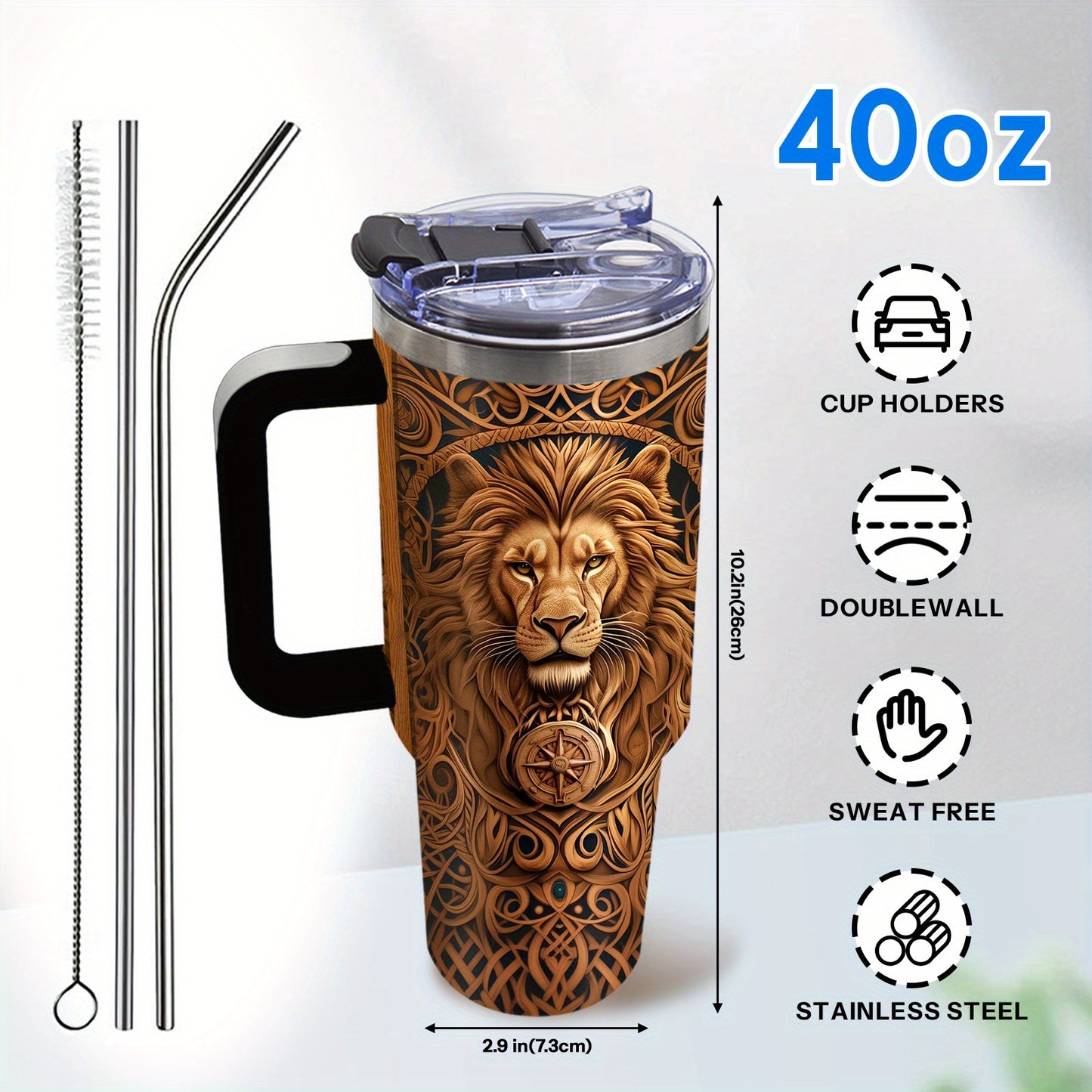 1pc, Humorous Gift, Birthday Insulated Cup, Son, Men'S Best Gift Lion Design Boy, Men'S 40oz Coffee Cup with Handle Lid and Straw, Outdoor, Deal, Outdoor Sports, Sports Water Bottle