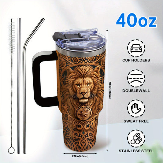 1pc, Humorous Gift, Birthday Insulated Cup, Son, Men'S Best Gift Lion Design Boy, Men'S 40oz Coffee Cup with Handle Lid and Straw, Outdoor, Deal, Outdoor Sports, Sports Water Bottle