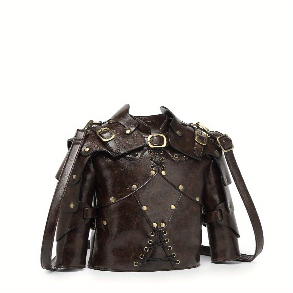 Punk Vintage Style Crossbody Bag Gothic Rivet Crossbody Bag - Double Zipper Pockets, with Adjustable Shoulder Strap, Dark Industrial Medieval Style, Armor Shaped Street Single Shoulder Bag for Men and Women