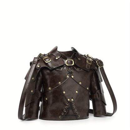 Punk Vintage Style Crossbody Bag Gothic Rivet Crossbody Bag - Double Zipper Pockets, with Adjustable Shoulder Strap, Dark Industrial Medieval Style, Armor Shaped Street Single Shoulder Bag for Men and Women
