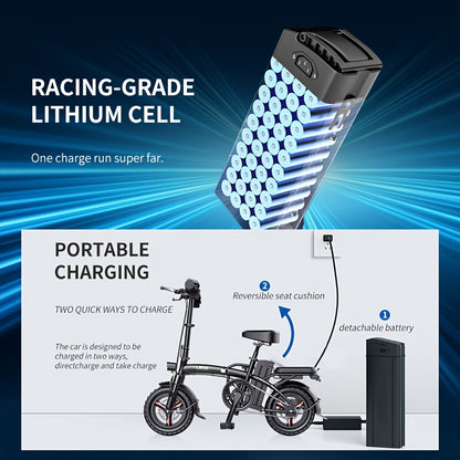 740W Electric Bike, 45 Miles Of Range, 14-inch Folding Electric Bike, Suitable for Teenagers And Adults, 20 Miles Of Speed, Removable Battery, Double Disc Brakes, Front And Rear Suspension, Suitable for Urban Travel, Shopping