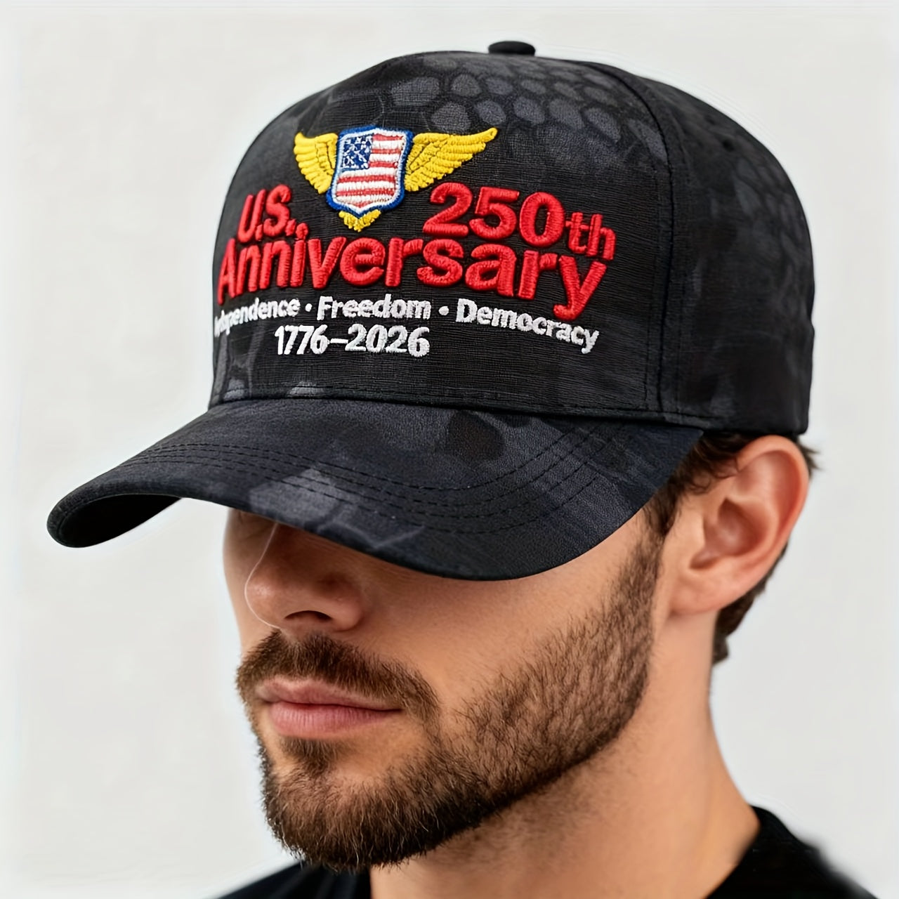 250th Anniversary Edition (1975-2025) USA Flag & Camo Baseball Cap - Unisex Adjustable Retro 3D Embroidery Hat with 250/225/200/150/125 Year Badge, Lightweight Snapback for Men & Women, July 4th Independence Day Collectible,