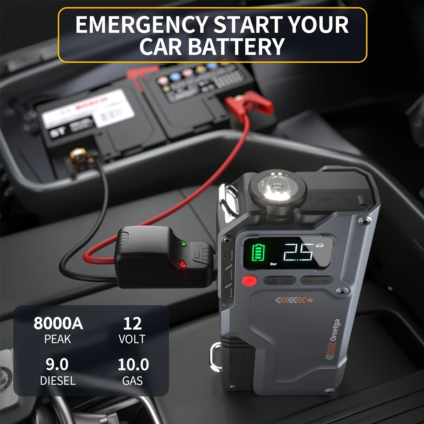 9000A Car Battery Jump Starter - Portable Power Pack with Extended Smart Jumper Cables, Quick Charge, Large Display, LED Lights, And Safety Protections for (All Gas/3.17gal Diesel) Engines, Start The Car Quickly, Jump Starter