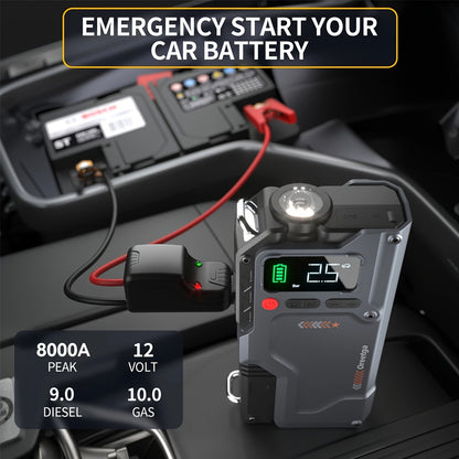 9000A Car Battery Jump Starter - Portable Power Pack with Extended Smart Jumper Cables, Quick Charge, Large Display, LED Lights, And Safety Protections for (All Gas/3.17gal Diesel) Engines, Start The Car Quickly, Jump Starter