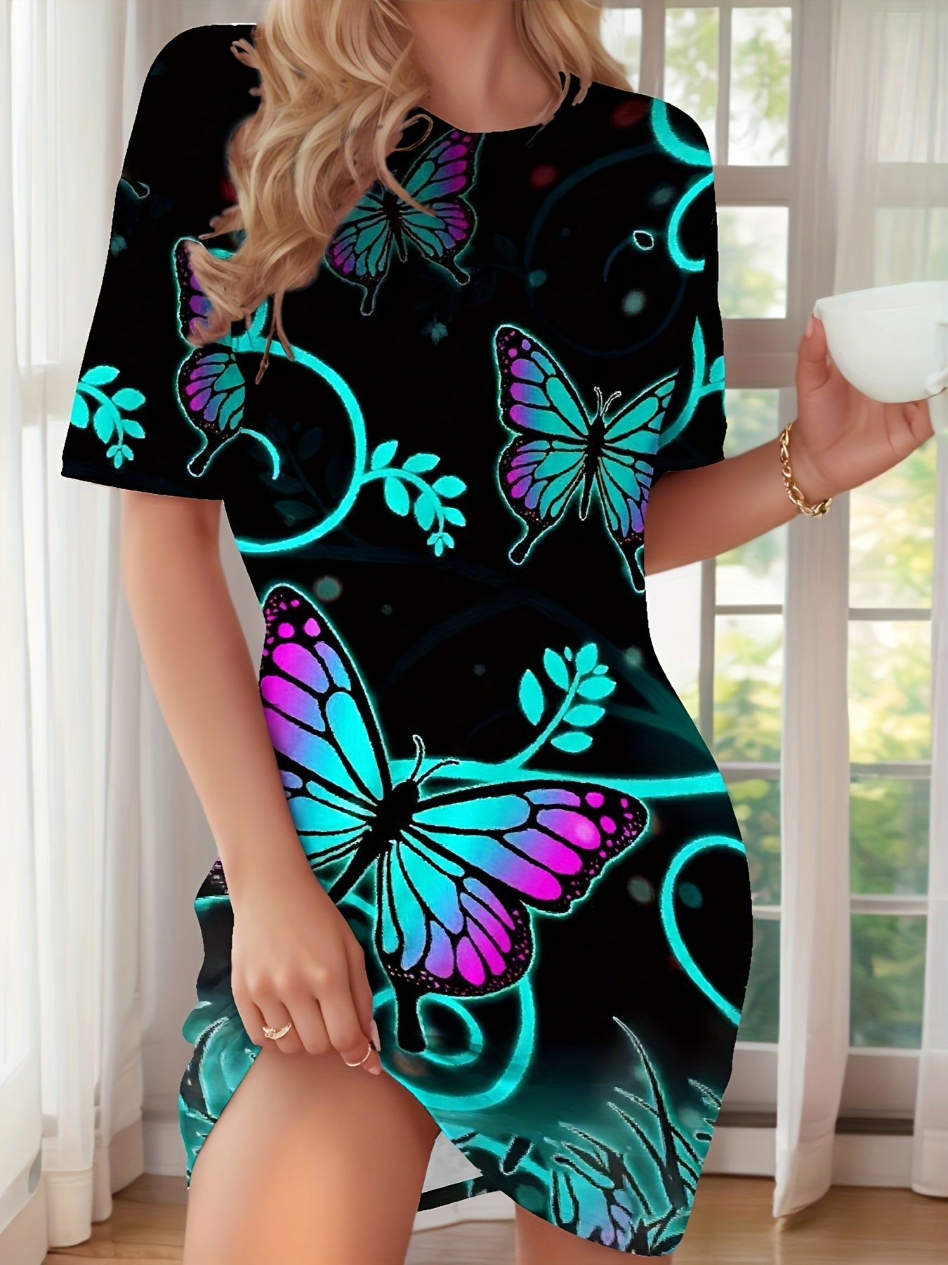 Women'S Butterfly Print Casual Round Neck Nightgown Dress - Short Sleeve, Lightweight & Breathable, All-Season Comfort, Casual Wear|Butterfly Print Dress|Lightweight Fabric