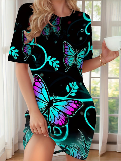 Women'S Butterfly Print Casual Round Neck Nightgown Dress - Short Sleeve, Lightweight & Breathable, All-Season Comfort, Casual Wear|Butterfly Print Dress|Lightweight Fabric