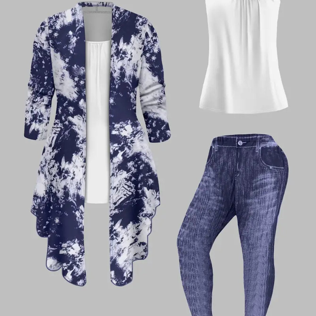 A Blue And White Tie-Dye Three-Piece Set: Long Cardigan + Top + Denim Trousers. Women'S | Stylish And Casual Design, Suitable for Everyday Outings And Casual Wear.