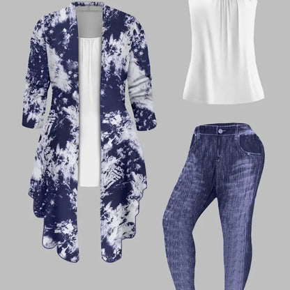 A Blue And White Tie-Dye Three-Piece Set: Long Cardigan + Top + Denim Trousers. Women'S | Stylish And Casual Design, Suitable for Everyday Outings And Casual Wear.