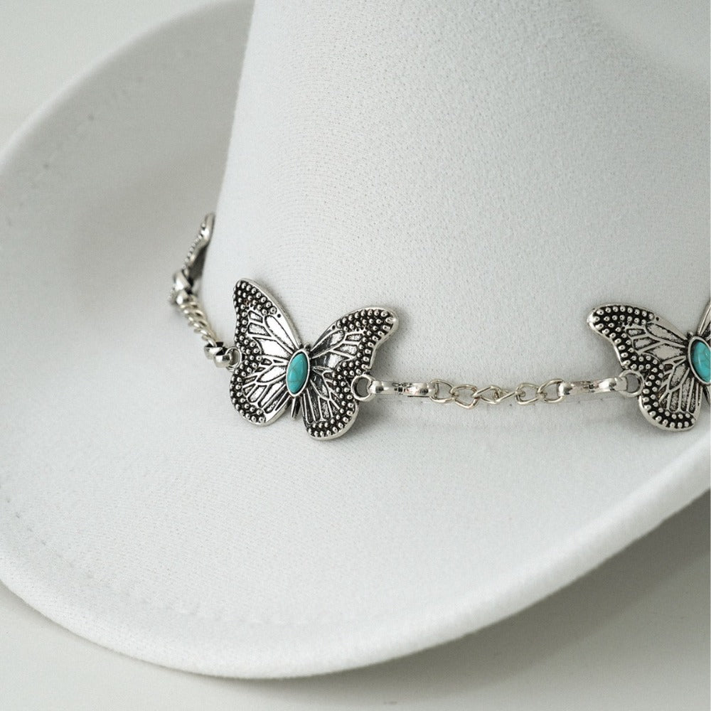 Women'S Bohemian Turquoise & White Cowboy Hat - Felt Wide Brim Sun Hat with Butterfly Metal Chain Accent, Non-Stretch Formal & Western Style for Christmas, Festivals, Casual Attire - Hand Washable Elegant Felt Cowboy Cap, Cow