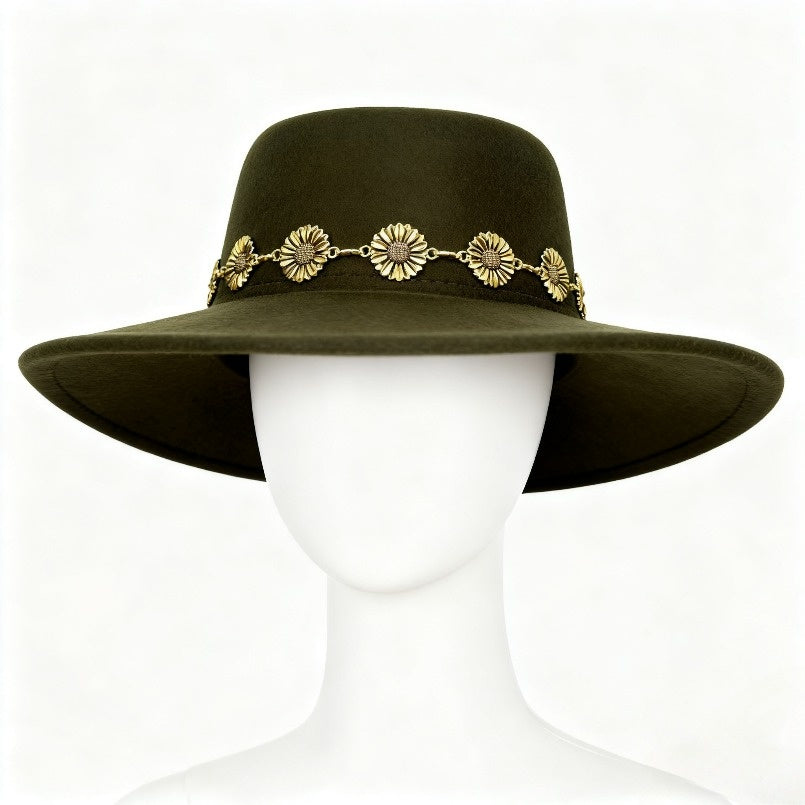 1pc Bohemian-style Unique and Fashionable Felt Hat - Decorated with Exquisite Golden Flower Chain Fedora Hat - Suitable for Daily Street Style, Music Festival Outfits, Bohemian-inspired Looks, Casual Outings and Trendy Season