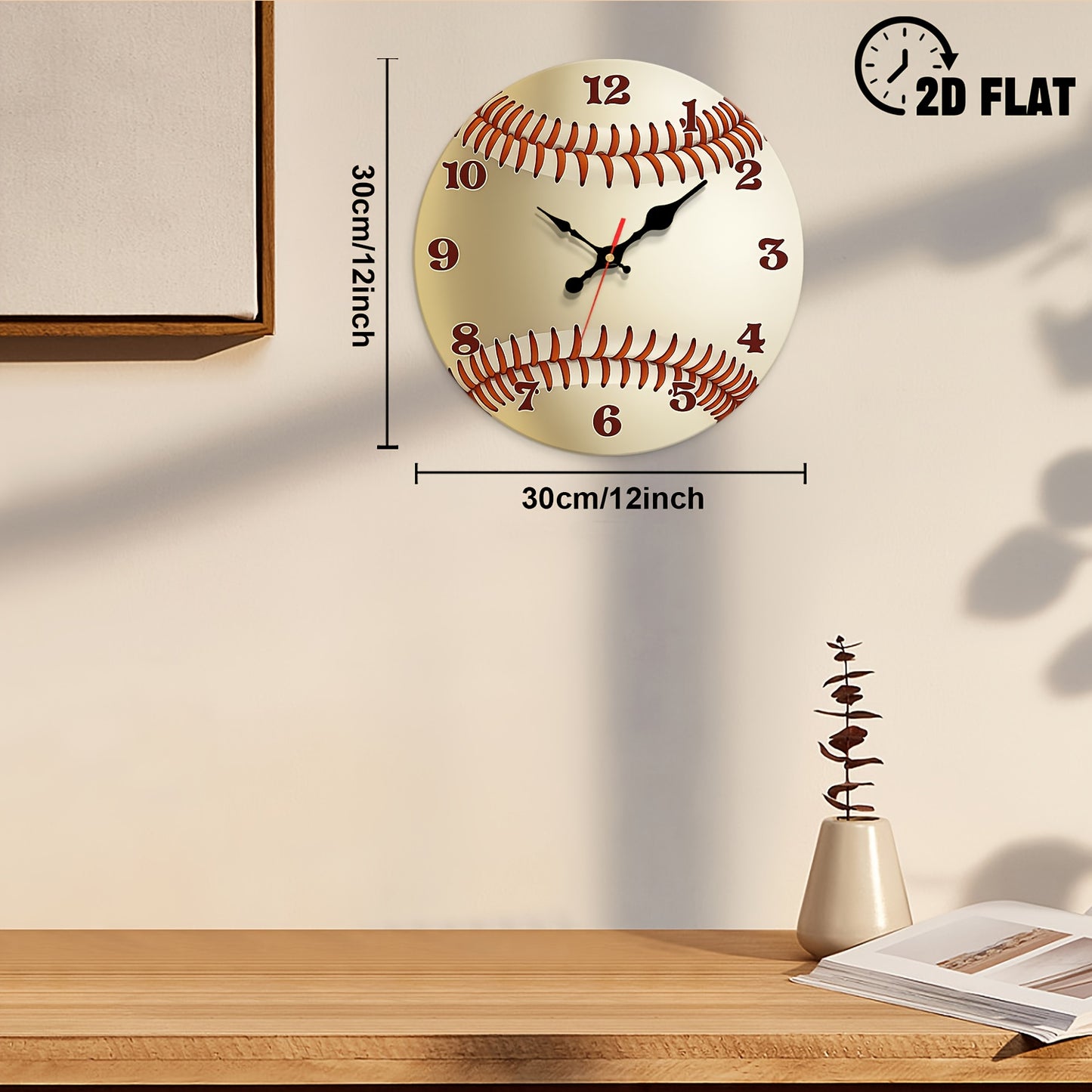 1pc Baseball-Themed Large Wall Clock - 12 Inch Silent Non-Ticking Quartz Movement, Beige & Brown Baseball Stitch Design, Minimalist Modern Decor for Home, Office, Sports Room - Durable Artificial Wood Round Clock with Black H