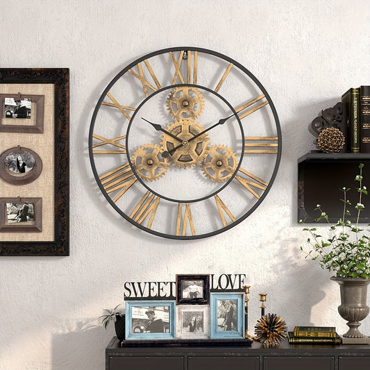 Vintage European Metal Gear Wall Clock - Silent Roman Numeral Dial, Battery Operated (AA Not Included) for Living Room or Office Decor, Living Room Accessory | Roman Numeral Clock | Metallic Finish