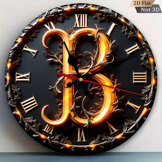1pc 10-inch Vintage 2D Flat Design Ornate Letter B Clock | Home Decor Wall Clock with High-definition Technology Printing, Silent Operation, Black and White Hands, Ideal for Christmas and New Year Gifts, Wood Material