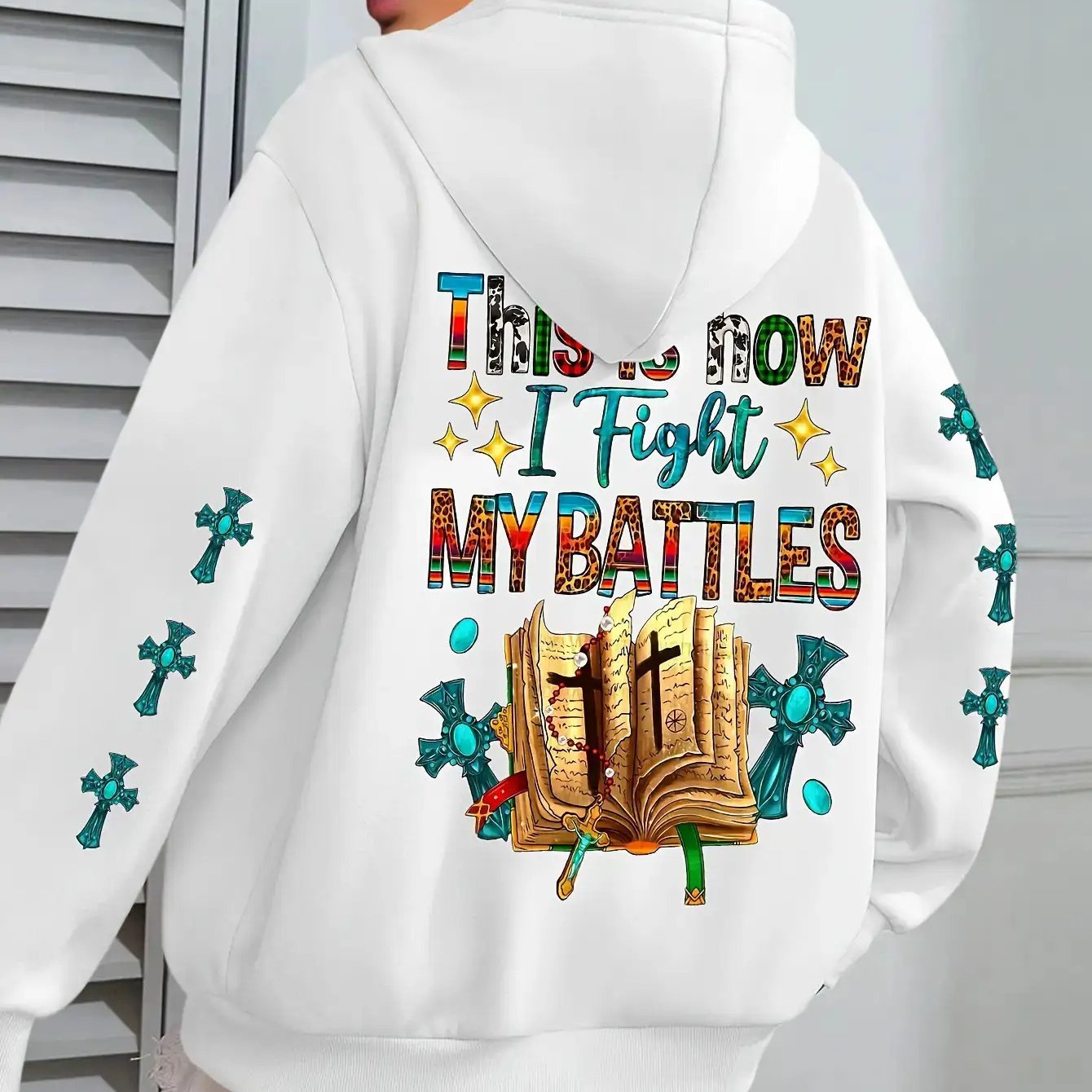 Women's Christian Bible Verse Hooded Sweatshirt "This Is How I Fight My Battles" with Cross & Prayer Hands Print - Winter Warm Hoodie, Long Sleeve Religious Apparel for Church, Prayer Meeting & Christmas (Gray) - Casual Faith