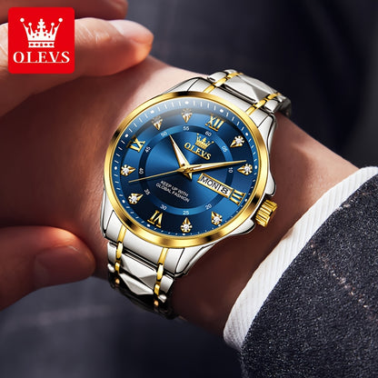 OLEVS Men's Luxury Business Chronograph Watch - Stainless Steel Dual Date & Day Calendar, Luminous Hands, Quartz Movement, Black Dial with Golden Accents for Formal & Casual Wear, Professional Timepiece, Sophisticated Style,