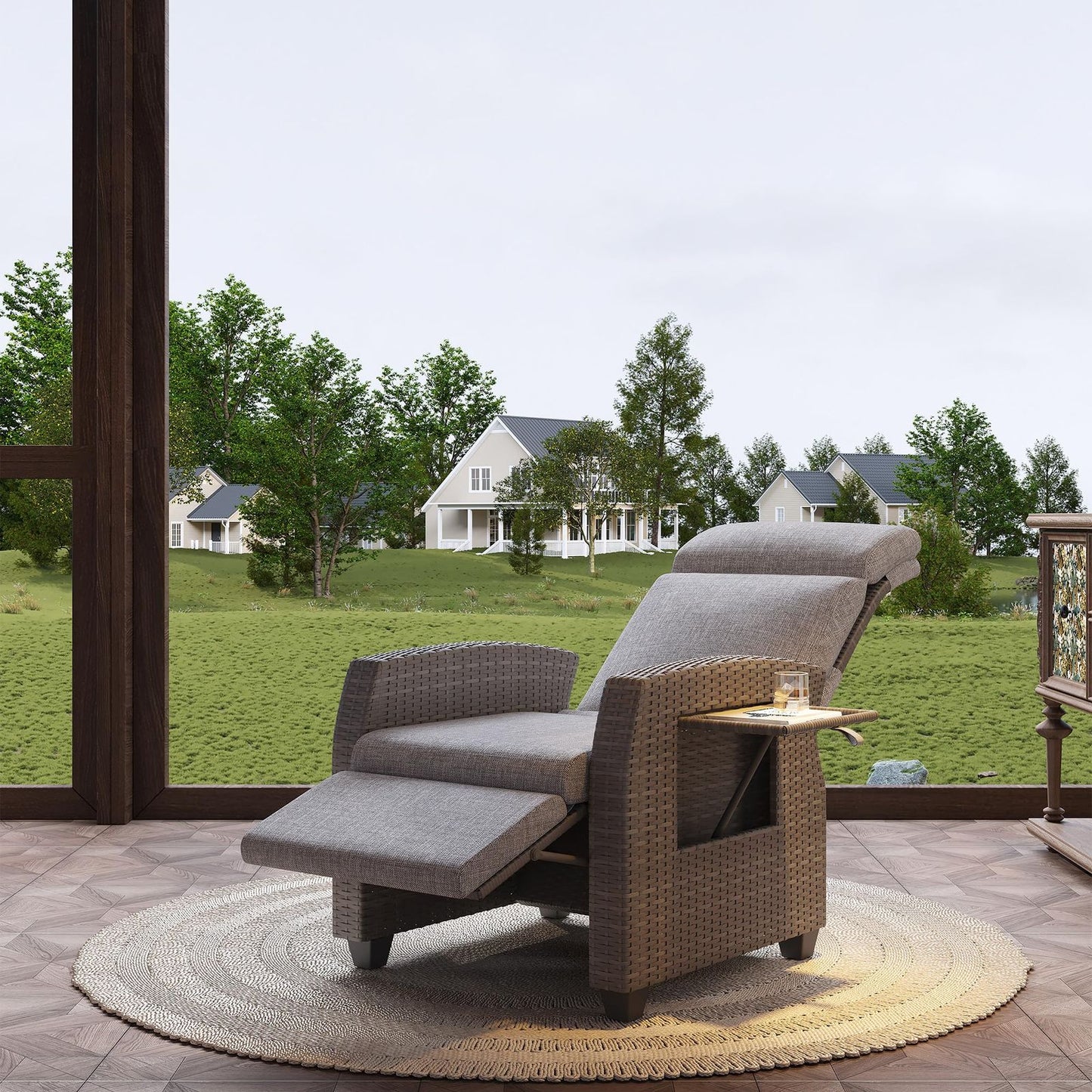 All-Weather PE Wicker Outdoor Recliner Chair with Adjustable Backrest & Footrest, Pop-Up Table & Air Pump Included - Heavy-Duty Patio Lounge Chair, Easy Assembly, Reclines to 155° Lay Flat (for poolside,, Balcony) - Low