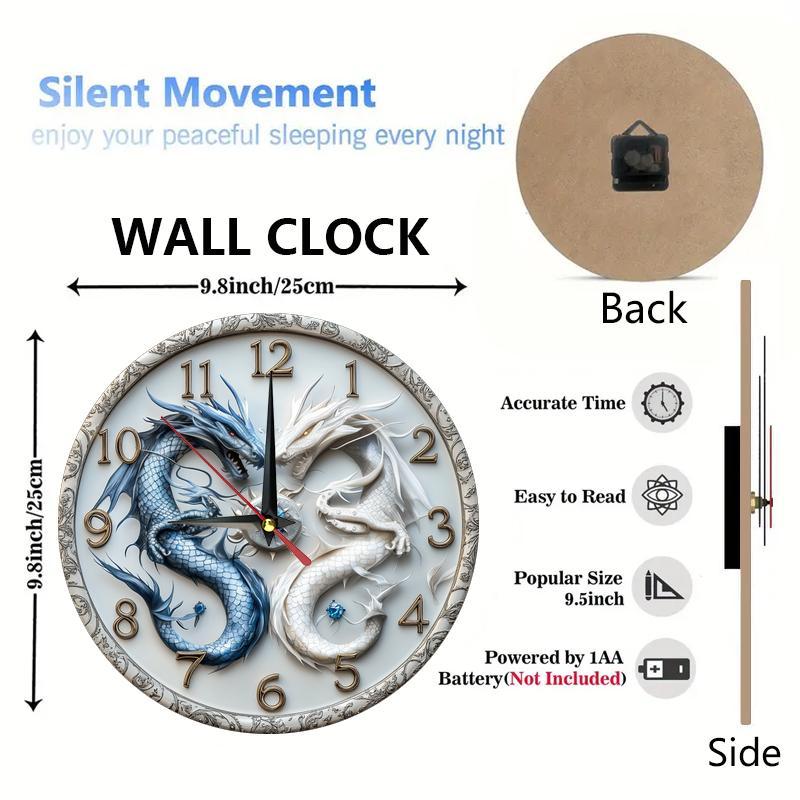 Dragon-Themed Silent Wooden Wall Clock, 9.8" Round - Farmhouse Style for Kitchen, Bedroom, Office Decor | Easy to Read, No Ticking Sound | Battery Not Included