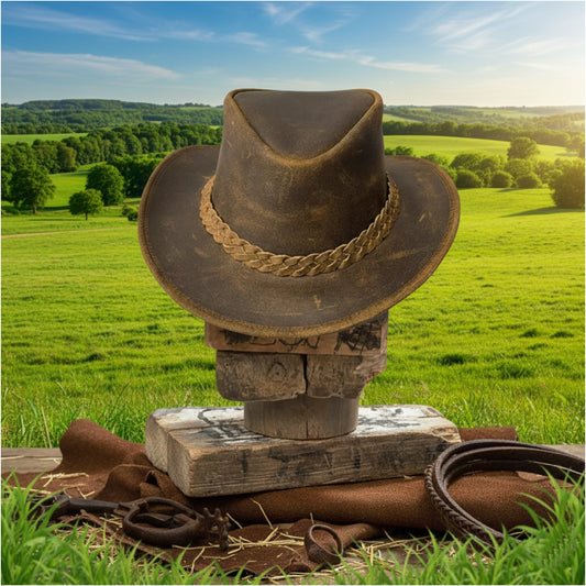 Men and Women Brown Genuine rughed distress Cowboy Western Hat Tan Brown Vintage Style Hat for Adult with Chin Cord