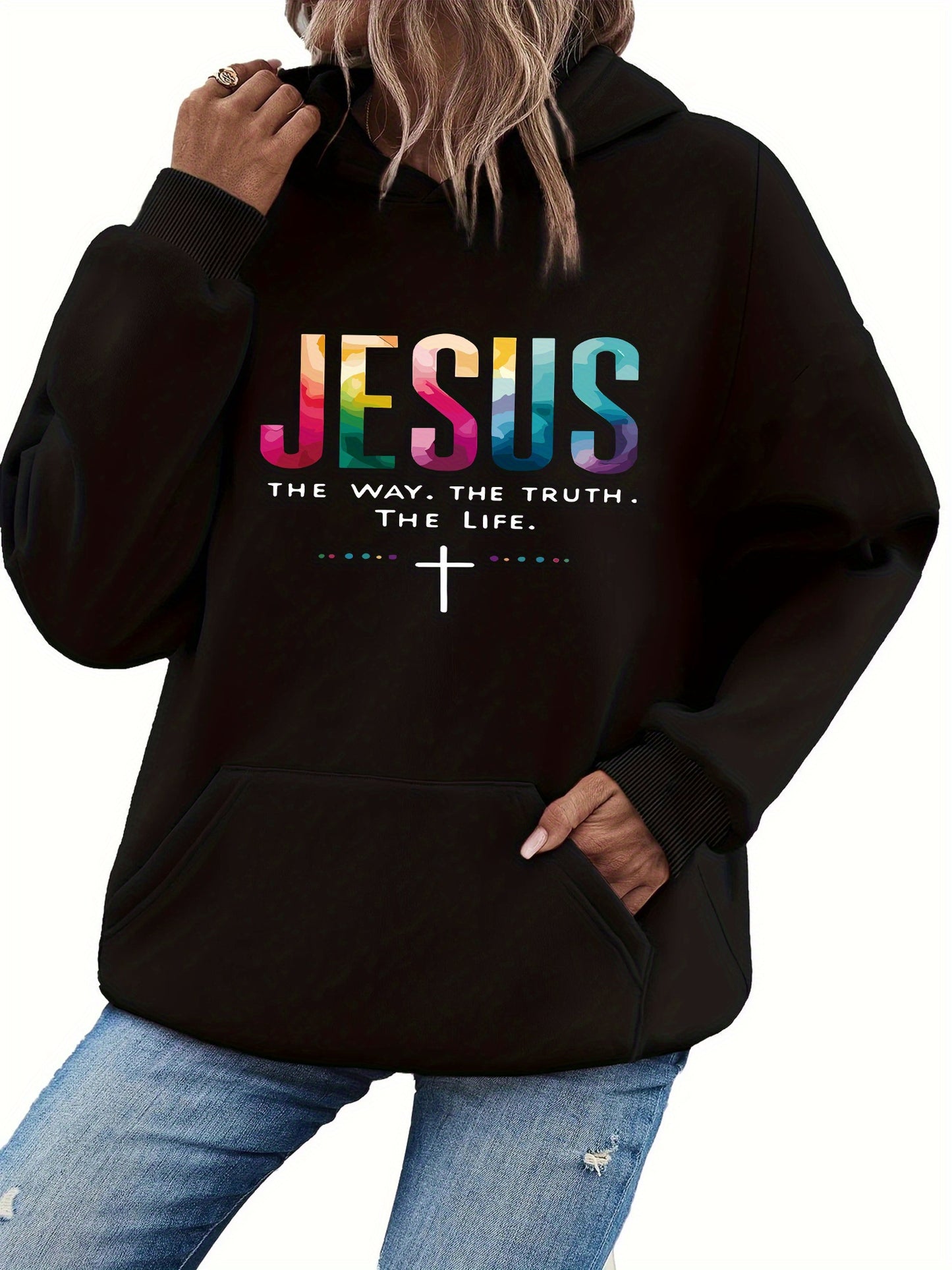 Women'S Print Hoodie - Religious Christian Apparel with " is the Way, the Truth, the Life" Bible Verse (John 14:6), Lightweight Hooded Sweatshirt for Church, Prayer, Everyday Faith - Soft Breathable Pullover in Gray/Blue/Pink