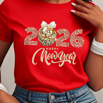 Women's 2026 New Year T-Shirt - Casual Round Neck Short Sleeve - Black & Golden Party Outfit for NYE 2026 Celebrations - Golden 2026 Number & Happy New Year Lettering with Rhinestone-Like 2026 Accent (Machine Washable)