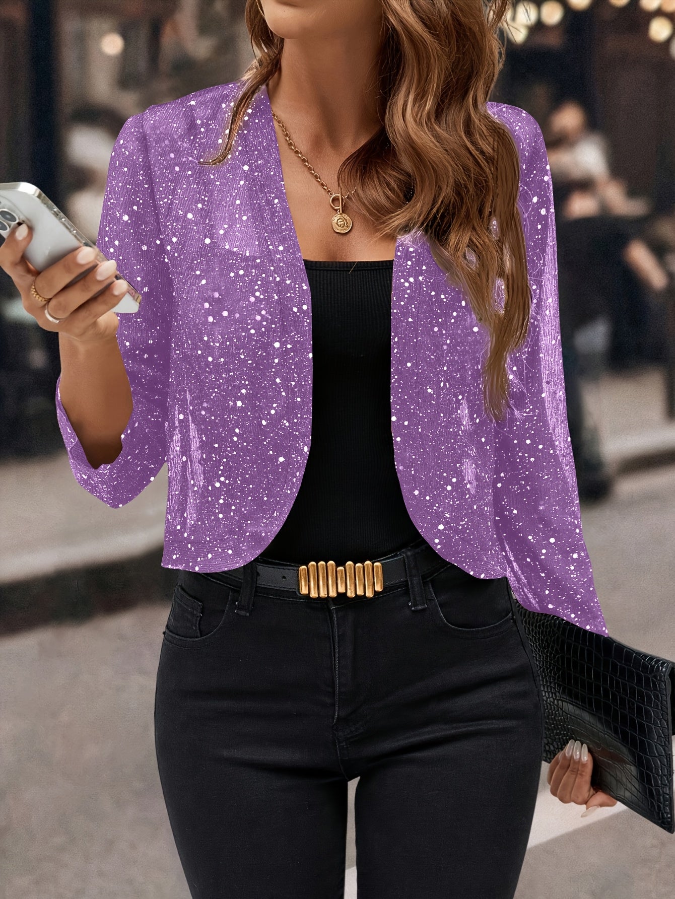 Women's Glitter Sequin - Golden Foil Pleated Fabric - Cardigan Jacket - 3/4 Sleeve Short Cropped Blazer for Business Casual