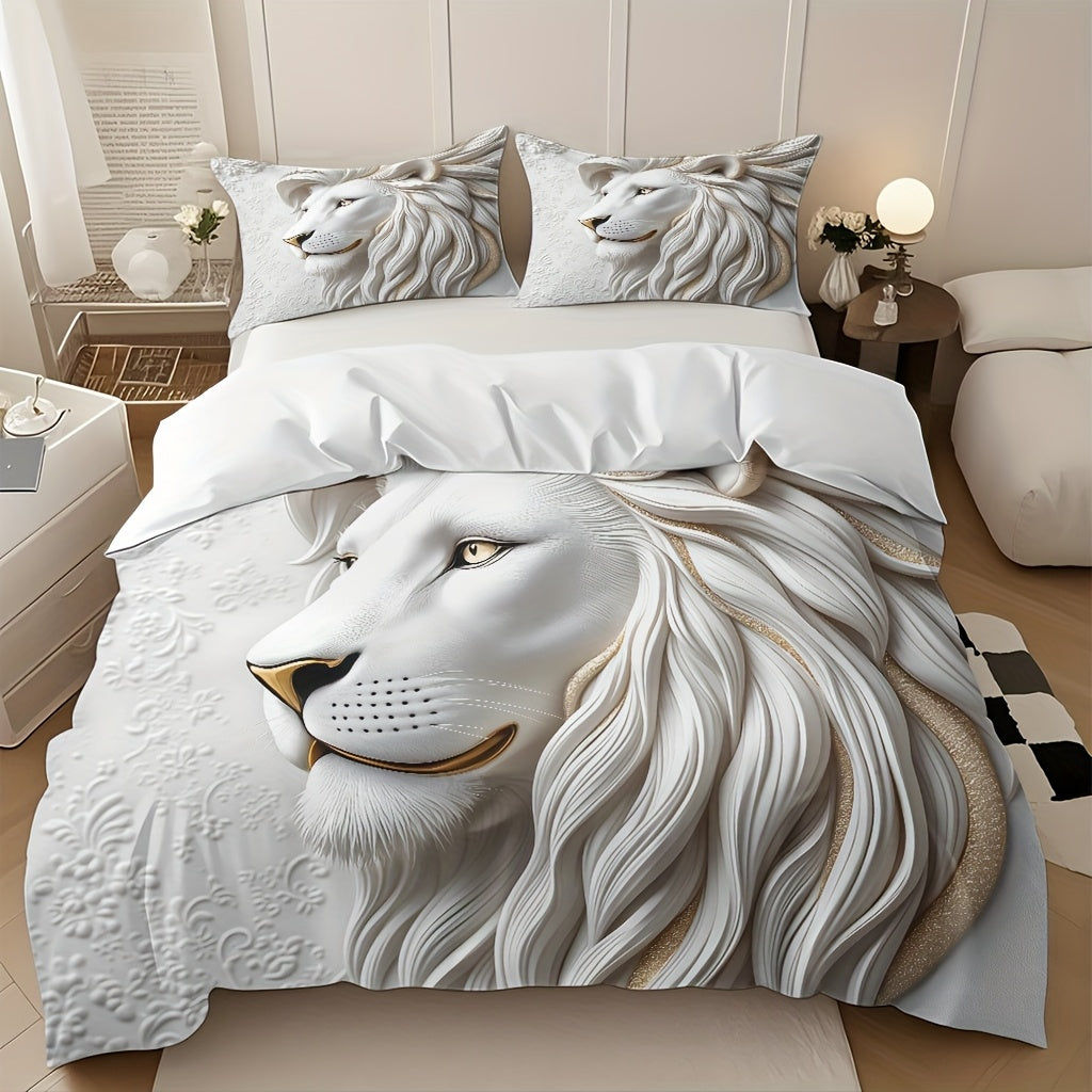 White Lion Duvet Cover Set - Soft High-Definition Digital Print, Breathable Polyester, Machine Washable, Perfect Gift for All-Season Use, Includes 1 Duvet Cover & 2 Pillowcases, Ideal for Family And Friends