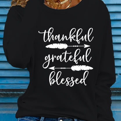 Women's Beige Thankful Grateful Blessed Print Long Sleeve T-Shirt - Loose Fit Round Neck Casual Top with Cursive Lettering & Accent, Soft Comfortable Fabric for Fall Winter Casual Attire, Thanksgiving Christian Apparel, Sprin