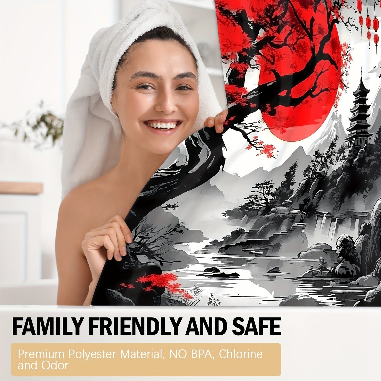 4pcs Japanese Cherry Blossom Mountain Landscape Shower Curtain Set, Black & Red Ink Wash Style with Sun, Tree, And Floral Design, Includes 12 Hooks, Toilet Lid Cover, Non-Slip U-Shaped Mat, Rugs, Traditional Asian Bathroom Ac