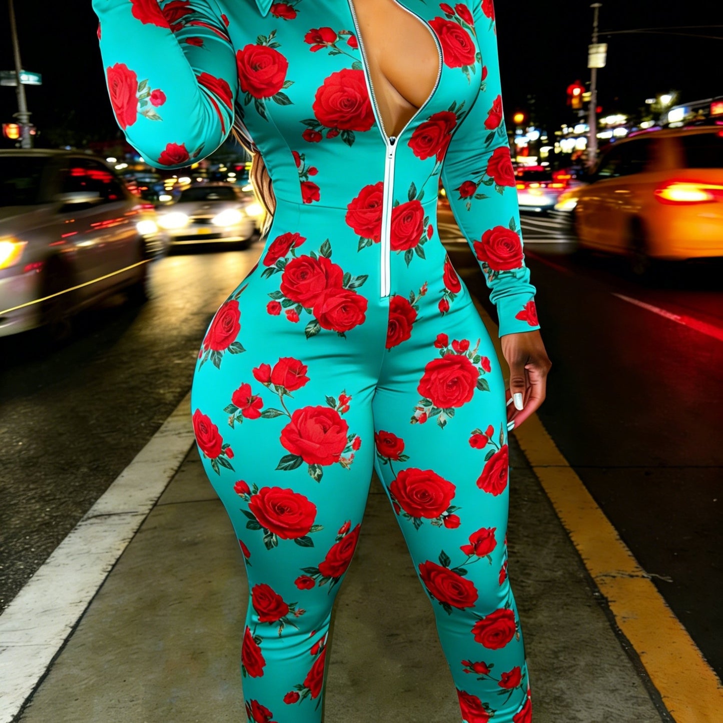 Red Rose Print Casual Women's Half Zipper Jumpsuit, Floral Pattern Casual Wear, Outdoor S Women's Long Sleeved Lapel Sweatshirt Jumpsuit, Fashionable Spring Half Zipper Slim Fit Jumpsuit, Women's Gift, Soft Fabric, Machine Wa