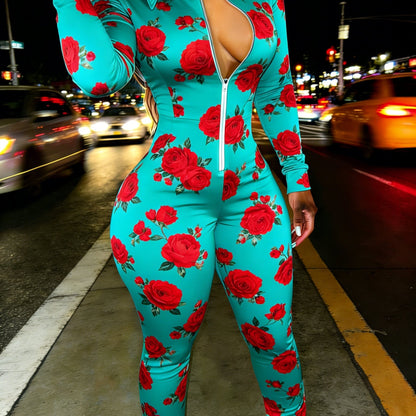 Red Rose Print Casual Women's Half Zipper Jumpsuit, Floral Pattern Casual Wear, Outdoor S Women's Long Sleeved Lapel Sweatshirt Jumpsuit, Fashionable Spring Half Zipper Slim Fit Jumpsuit, Women's Gift, Soft Fabric, Machine Wa