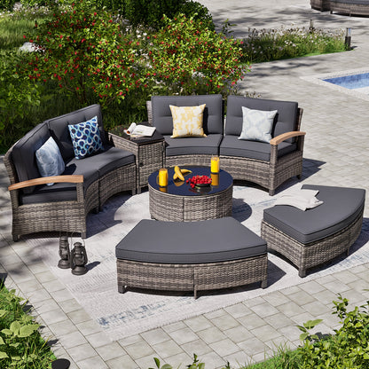 8-11pcs Outdoor Patio Furniture Set, Half-Moon Curved Sectional Sofa Rattan Patio Conversation Set with Wood Armrests for Porch, Backyard - Tempered Glass Round Coffee Table & Side Table, Patio Furniture And Decor, Patio Set,