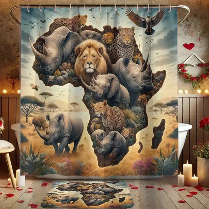 4pcs African Animal Totem Shower Curtain Set, Decoration Bathroom Set Includes 2D Flat Printed Shower Curtain, Non-Slip Floor Mat, Toilet Lid, Bathroom Mat And 12 Plastic Hooks, Bathroom Accessories, Home Decor, Dorm Room Dec