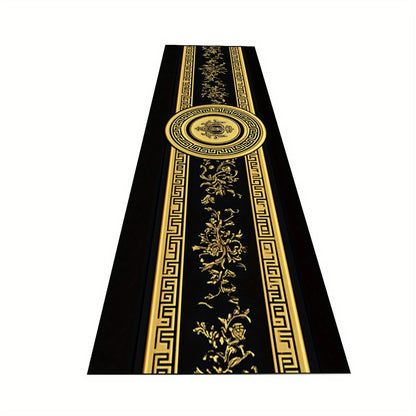 1pc HKStorage Greek Key & Medusa Printed Runner - Black & Golden Greek Key Pattern with Medusa Border, Long Entryway Hallway for High-Traffic Zones, Residential/Commercial Use, Hand Washable -like Luxury
