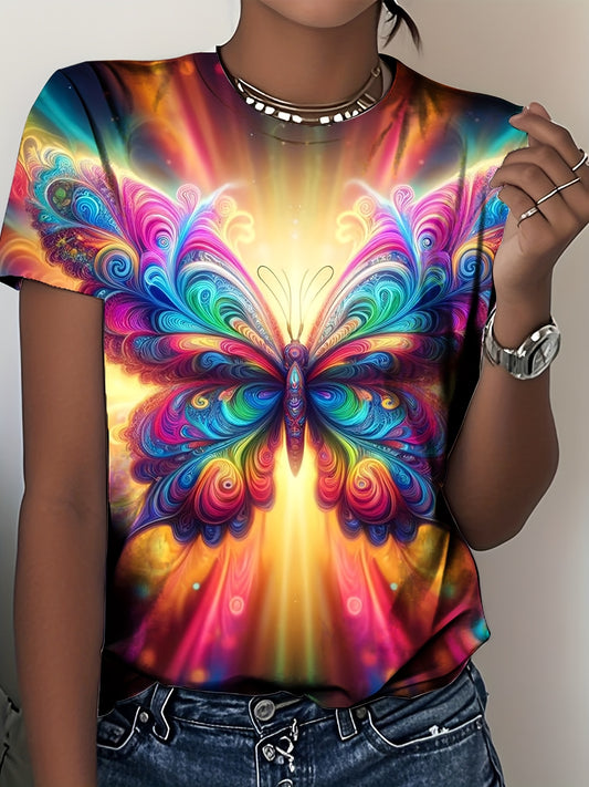 Overseas Printing Plus Size Women'S Tee - Vibrant Colorful Butterfly Floral Geometric Print, Soft Stretch Polyester Crew Neck Short Sleeve Top, Machine Washable Casual Spring Summer Fall T-Shirt, Relaxed Fit Top, Breathable F
