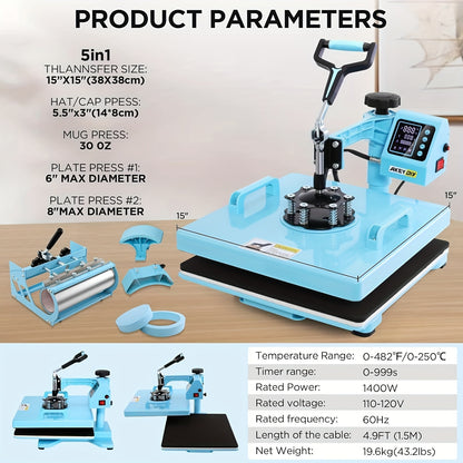 Heat Press Machine - Multifunction 5in 1 with Tumbler Press - 15" X 15" / 12" X 15" Heat Transfer Machine - 360° Swing Away T-Shirt Pressing Machine - Fast And Even Heating - Digital Precise Control - for DIY T-Shirts/Mugs/H