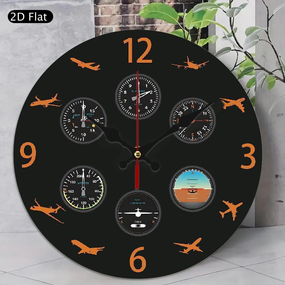 1pc 10 Inch Aviation Pilot Wall Clock with Flight Instrument Design - Silent Non-Ticking Modern Black & Orange Airplane Speed, Altitude, Heading, Vertical Speed dials - Easy-to-Read Black Face & White Hands - Ideal for Home,