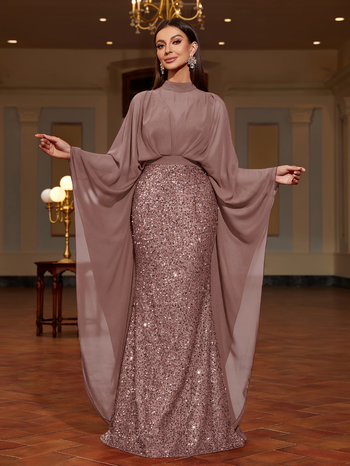 A Stand-Collar Chiffon Dress with Sequins, an Elegant And Stylish Long Dress for Women, Perfect for Parties, New Style for 2025, Evening Gown for Women, Performance Dress for Hosts, Bridesmaid Dress, Prom Evening Gown, Concer