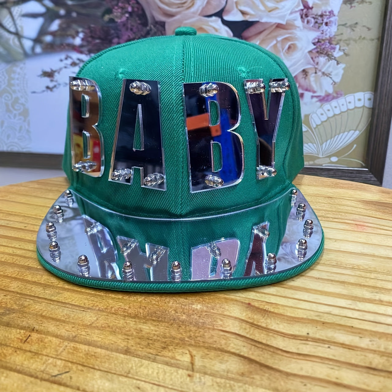 Punk Style Men'S Baseball Cap, 100% Polyester Lightweight Flat Brim Hat with Alphabet Pattern and Embellishments, Non-Stretch Fabric