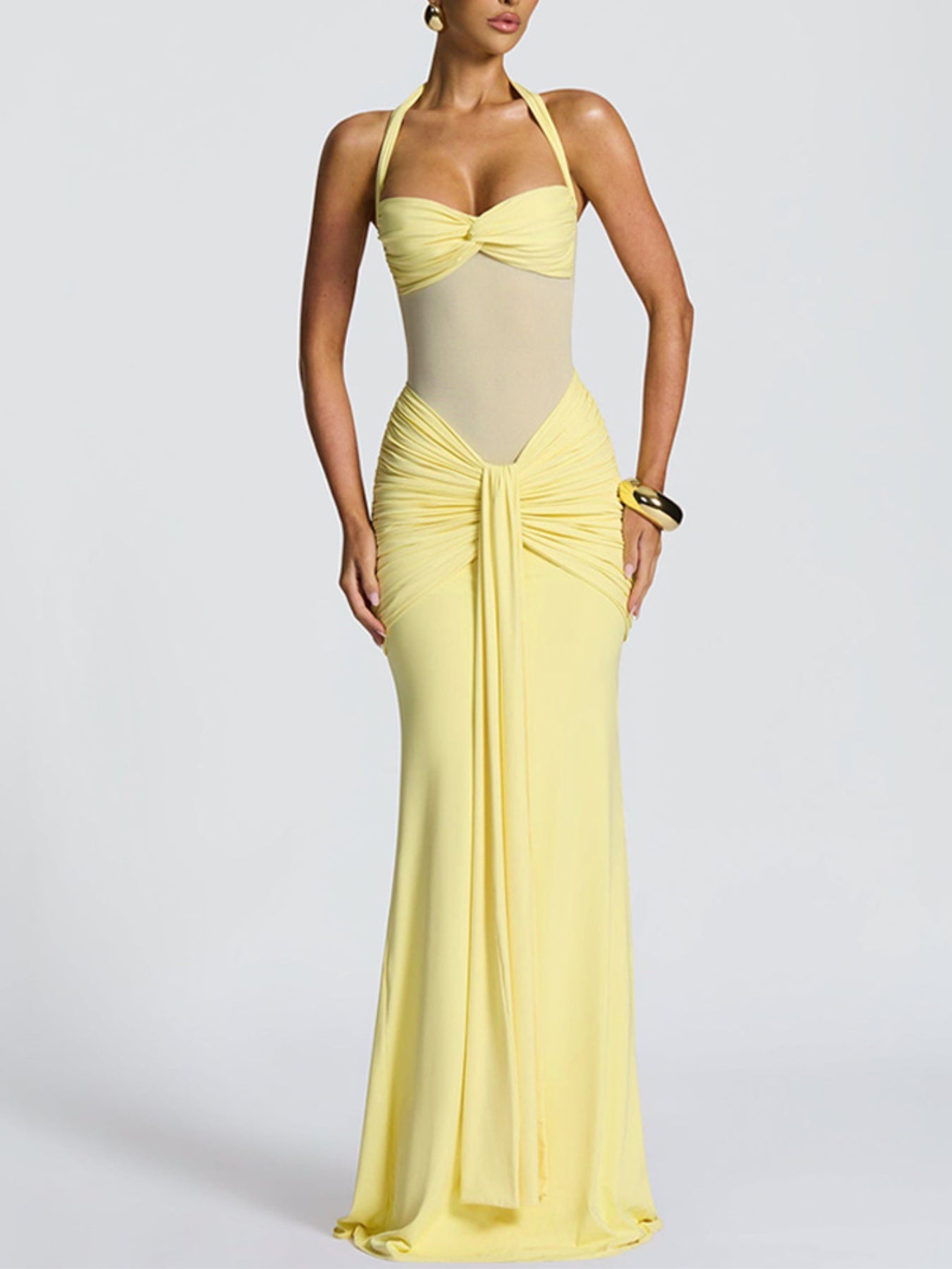 Women's Elegant Ruched Halter Neck Maxi Dress, Slim Fit Summer Party Dress