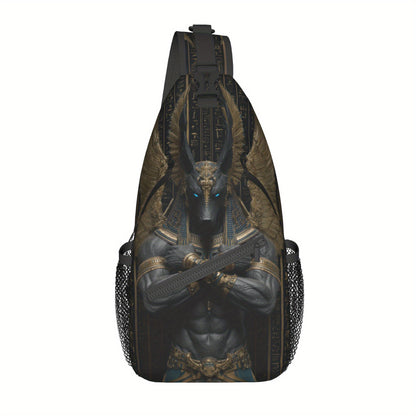 Men's Egyptian God Anubis Sling Bag - Egyptian-Themed Chest Pack with Anubis Print & Horus-Eye Golden Accent, Zipper Closure, Hands-Free Crossbody Bag for Cycling, Travel, Casual Use - Ancient Egyptian Design Gift for Adventu