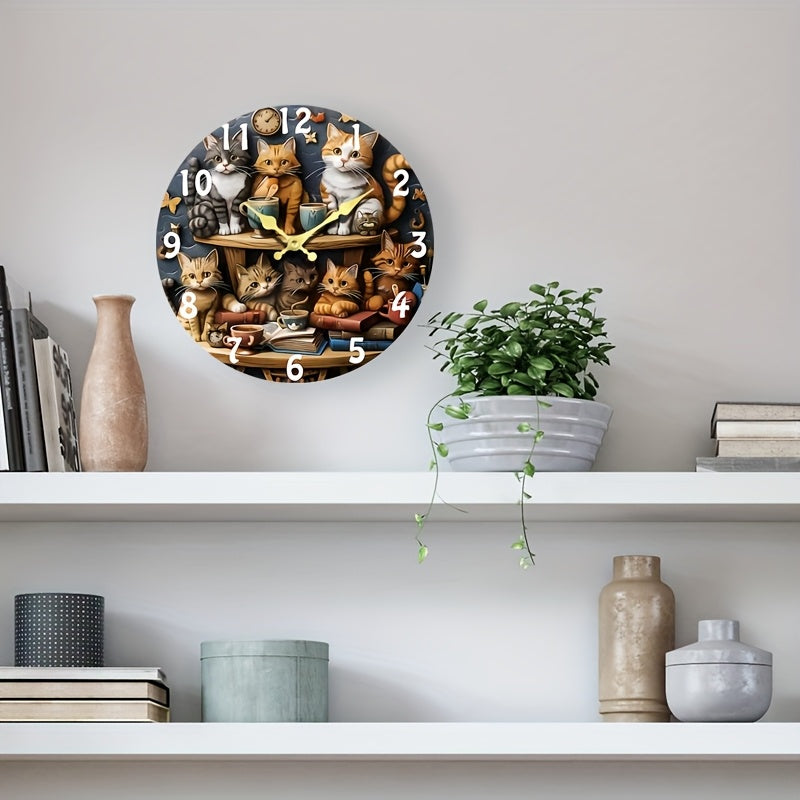 [12-Inch Silent Cat Clock] 12-Inch Silent Quartz Wall Clock with Wooden Fiber | Whimsical Cat Design, Charming Illustration of Cats with Teacups and Books, Perfect for Living Room, Home, Dorm, Office Decor | Requires 1 AA Bat