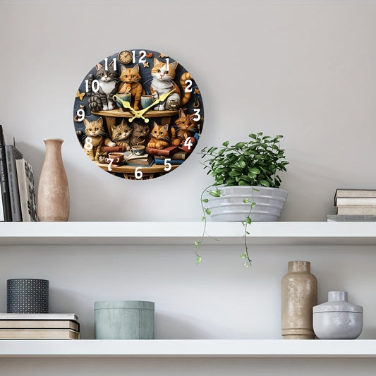 [12-Inch Silent Cat Clock] 12-Inch Silent Quartz Wall Clock with Wooden Fiber | Whimsical Cat Design, Charming Illustration of Cats with Teacups and Books, Perfect for Living Room, Home, Dorm, Office Decor | Requires 1 AA Bat