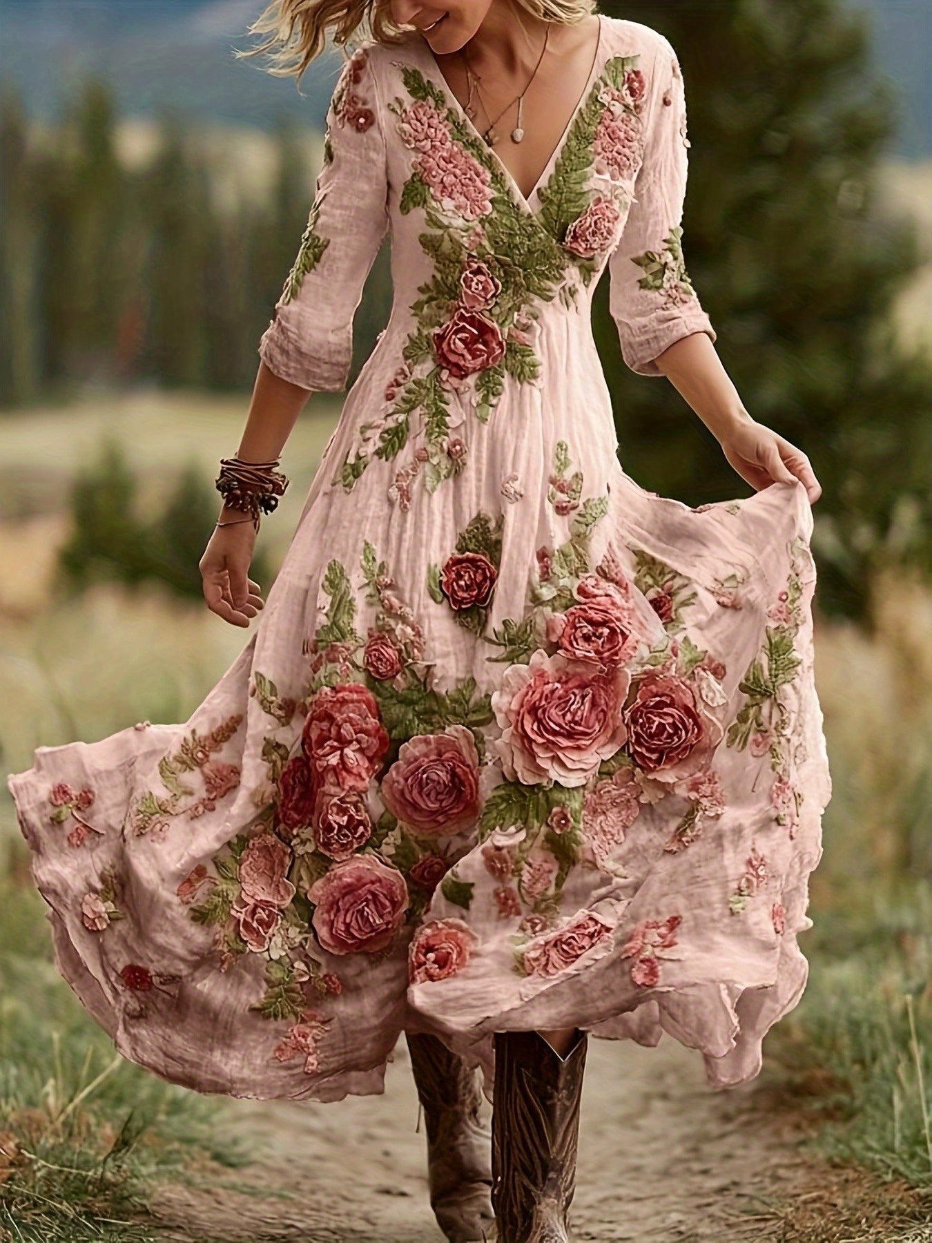 Women's Bohemian A-Line Dress with V-Neck & Cross Back Straps - Short Front Slit & Flowing Floor-Length Skirt, Wedding Guest Gown for Spring Summer Fall Parties, Short Front Long Back Dress (No Underbelly)