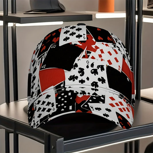 1pc Card Chaos Print Classic Baseball Cap - Lightweight Adjustable Duckbill Hat with Playing Card Symbols (Hearts, Spades,), Breathable Textile Fabric for Casual & Outdoor Activities, Mixed Colors, Adjustable Baseball Cap, Le