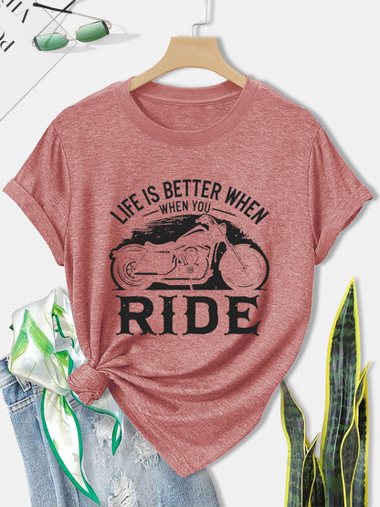 Women'S Motorcycle Graphic Long Sleeve T-Shirt - Turquoise Riding Slogan Print, Loose Fit Casual Top with Round Neck, All-Season Comfort for Motorcycle Enthusiasts, Outdoor Riding & Casual Attire, Breathable & Durable Apparel